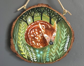 Forest animal painting, Fawn painting, Woodland Painting, Forest Gift, Painted Log Slice, Original Forest painting, Forest gift for a child