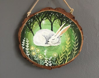 Nursery Wall Art - Hare Unaware - Painted Log Slice - Original Hare Art - Sleeping Hare - Unusual Acrylic Art - Affordable original