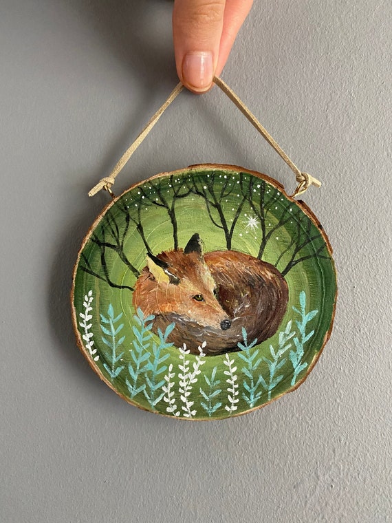Original Woodland Art, Fox Painting, Log Slice Painting, Fox in the Forest, Art on Wood, Quirky Wall Decor, Fox Wall Art, Fox Original Art