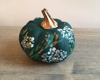 Green gold hand painted pumpkin, goldleaf paint on pumpkin, bottle green home decor, green pumpkin ornament, unique pumpkin