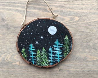 Full moon painting, Forest at night painting, Forest wood slice painting, moon and Forest painting, full moon and stars painting