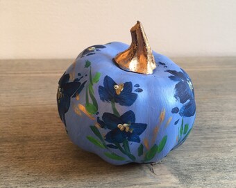 Blue painted pumpkin, hand painted pumpkin, faux blue painted pumpkin, unique harvest decor, special fall decor, harvest painted pumpkin