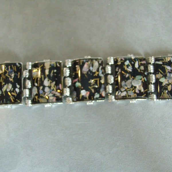 Vintage PAM Pamoline Mid-Century Black Silver-tone Chunky Confetti Lucite Bracelet