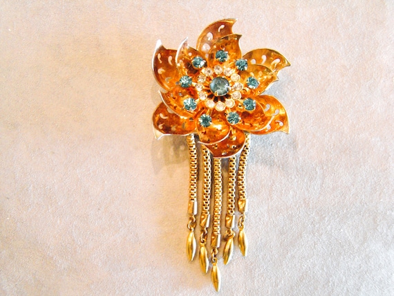 Vintage Coro Three Dimensional Aqua Rhinestone Fl… - image 1