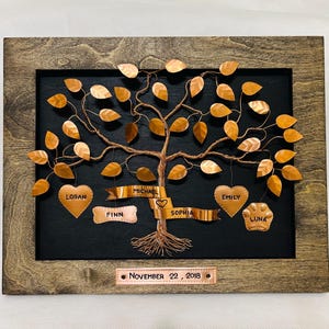May include: A framed copper wire family tree with a dark background. The tree has copper leaves and heart-shaped name tags. Names include Logan, Finn, Michael, Sophia, Emily, and Luna. The frame is a dark wood.