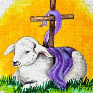 May include: Watercolor painting of a white lamb resting in green grass, with a wooden cross and purple cloth in the background. The background is a bright yellow and orange gradient.