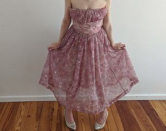 1950s Sheer Pink Purple Floral Party Dress Size XXS/XS