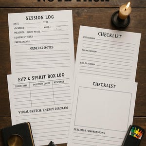 Könnte beinhalten: Eine Sammlung von Werkzeugen und Notizen für paranormale Untersuchungen. Enthält einen Notizblock mit dem Text "Spirit Session Note Pack", Checklisten und ein EVP & Spirit Box Log. Außerdem eine Kompass, ein schwarzes Gerät und eine kleine Kerze.