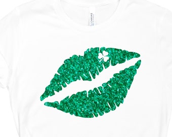 Camisa del día de San Patricio Glitter Shamrock Lips Mujeres St Paddys Top Kiss Me Soy camiseta irlandesa Camisa para beber Camisa linda de St Pattys