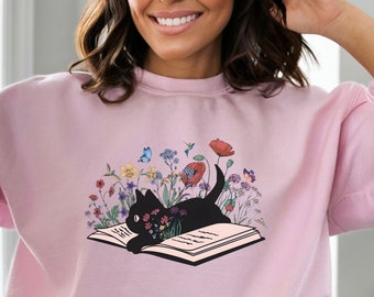 Cat and Book Sweatshirt: Floral Cozy Fall Crewneck