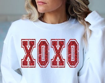 XOXO グリッター スウェットシャツ バレンタインデー シャツ ラブ クルーネック キラキラ バレンタイン シャツ レディース