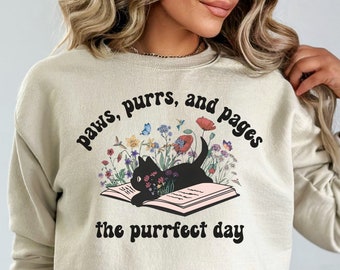 Sudadera con cuello redondo acogedor y floral para amantes de los gatos y los libros
