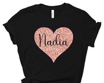 Personalized Valentines Day Shirt - Womens Valentine&#39;s Tee With Glitter Heart - Valentines Top - Girls valentines Tshirt