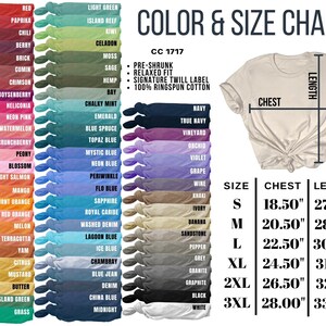 Pode incluir: Tabela de cores e tamanhos para t-shirts com uma variedade de cores e tamanhos. A tabela mostra as medidas de peito e comprimento em polegadas para os tamanhos S, M, L, XL, 2XL e 3XL. A tabela tamb&eacute;m inclui uma lista de cores com seus nomes correspondentes.