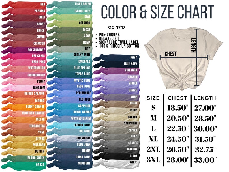Pode incluir: Tabela de cores e tamanhos para t-shirts com uma variedade de cores e tamanhos. A tabela mostra as medidas de peito e comprimento em polegadas para os tamanhos S, M, L, XL, 2XL e 3XL. A tabela tamb&eacute;m inclui uma lista de cores com seus nomes correspondentes.