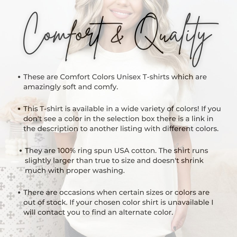 Pode incluir: Texto em uma camiseta branca que diz "Comfort & Quality". O texto est&aacute; em fonte cursiva preta. Abaixo do texto h&aacute; uma lista de marcadores que descrevem os recursos e as instru&ccedil;&otilde;es de cuidados da camiseta.