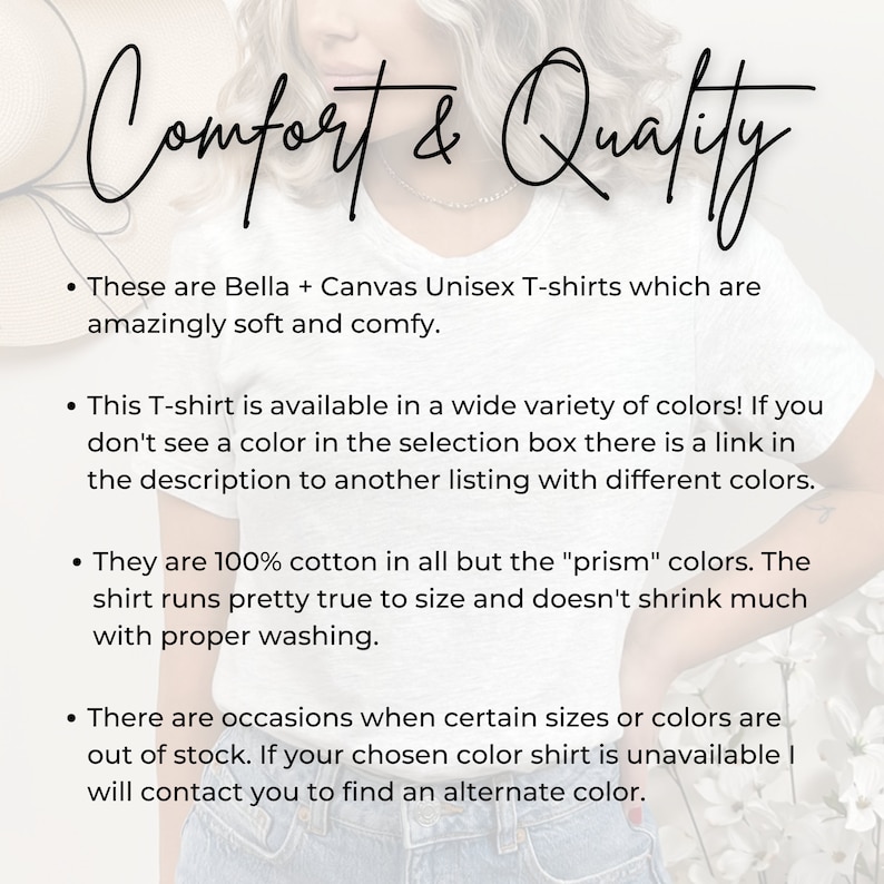 Pode incluir: Um close-up de uma camiseta branca com o texto "Comfort & Quality". O texto est&aacute; escrito em letra cursiva. A camiseta &eacute; feita de camisetas unissex Bella + Canvas, que s&atilde;o macias e confort&aacute;veis.