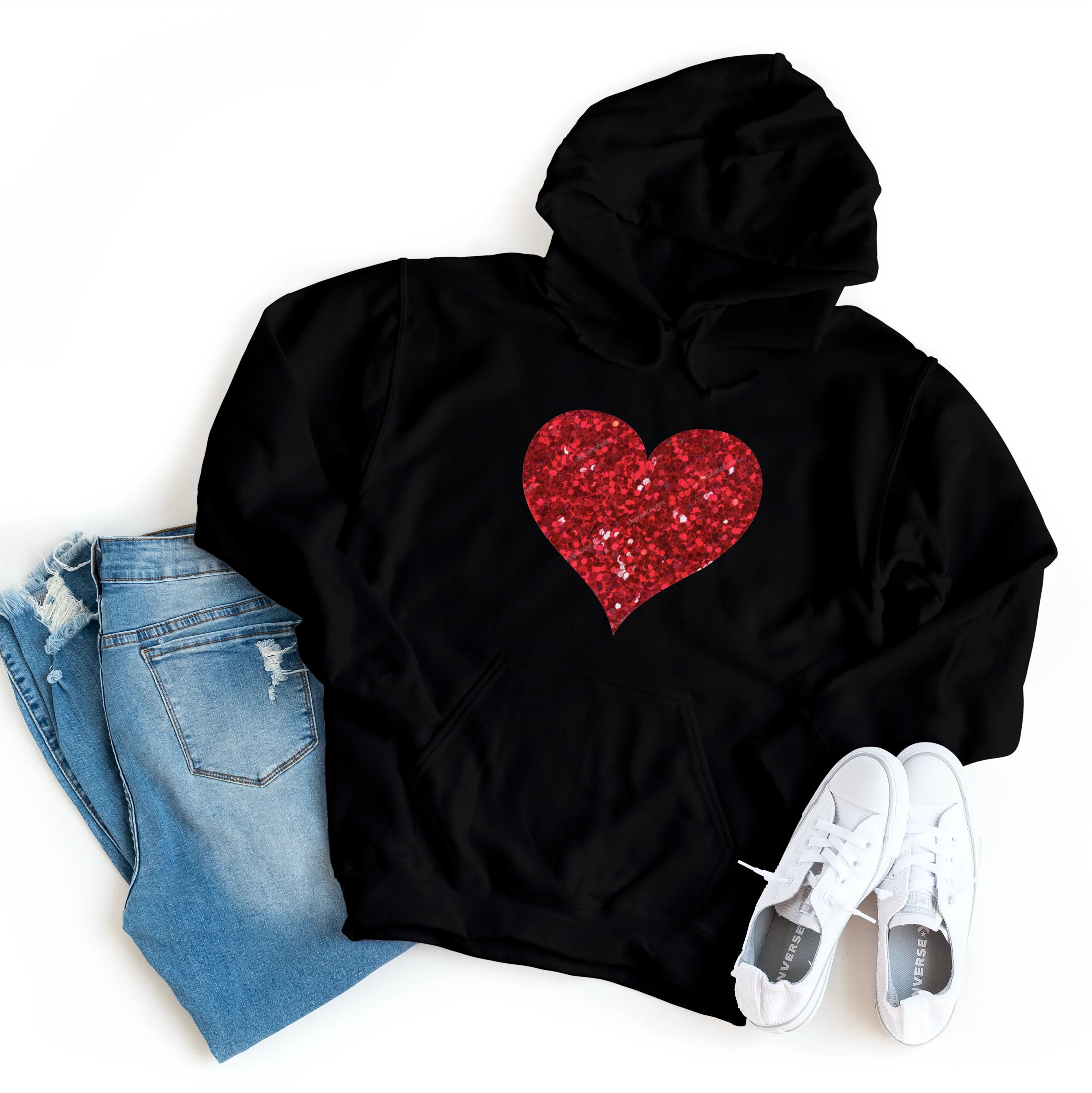 Glitter Heart Hoodie Valentines Day Hooded Sweatshirt Gift
