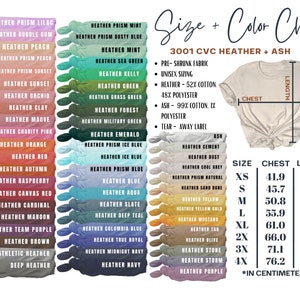Pode incluir: Tabela de tamanhos para uma camiseta 3001 CVC Heather + Ash. A tabela mostra as medidas de peito e comprimento em cent&iacute;metros para os tamanhos XS a 4X. A tabela tamb&eacute;m inclui uma lista de cores heather dispon&iacute;veis para a camiseta.