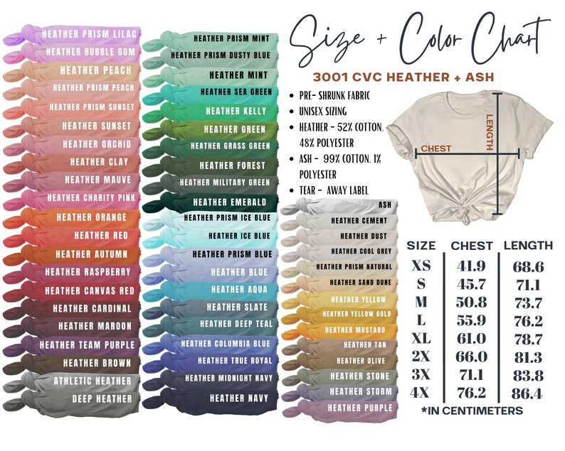 Pode incluir: Tabela de tamanhos para uma camiseta 3001 CVC Heather + Ash. A tabela mostra as medidas de peito e comprimento em cent&iacute;metros para os tamanhos XS a 4X. A tabela tamb&eacute;m inclui uma lista de cores heather dispon&iacute;veis para a camiseta.