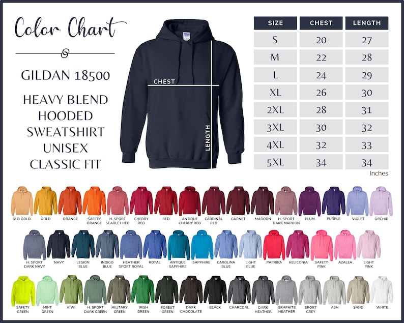 May include: Color chart for Gildan 18500 heavy blend hooded sweatshirt in unisex classic fit. The chart shows 36 different colors of sweatshirts with the corresponding size chart in inches. The size chart shows chest and length measurements for sizes S to 5XL.