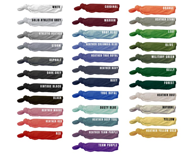 May include: A collection of hair ties in various colors, each labeled with its corresponding shade. Colors include white, black, red, blue, green, and purple, with names like "Cardinal," "Navy," and "Forest." The ties are knotted and displayed against a white background.