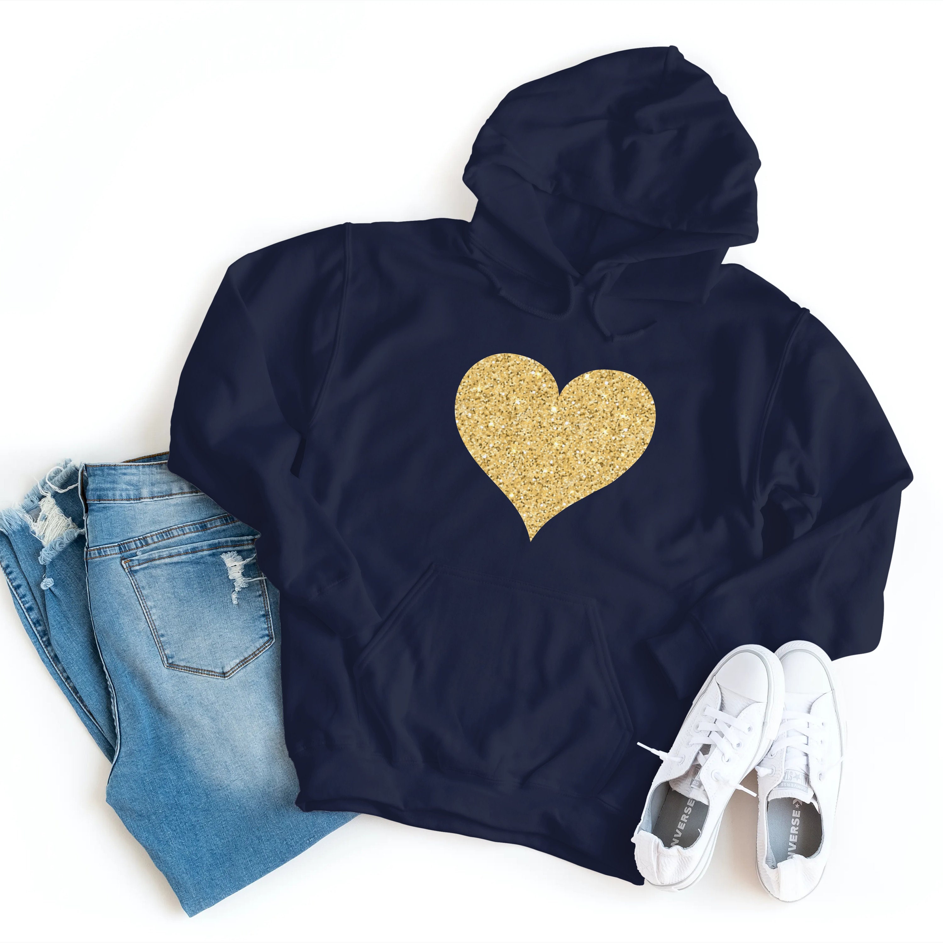 Glitter Heart Hoodie Valentines Day Hooded Sweatshirt Gift