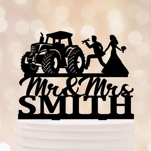 Tractor Farmer Mr and Mrs Wedding Cake Topper, personalized bride dragging groom farming cake topper, Country Farm Themed Cake Decoration