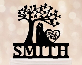 Adorno para tarta de boda personalizado de talla grande con apellido y silueta de árbol, decoración para tarta de boda