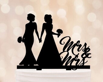 Mrs and Mrs Lesbians Wedding Cake Topper, Lesbian Bride and Bride Cake Toppers, LGBT Silhouette Two Brides Wedding Cake Topper For Wedding