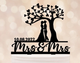 Tree lesbian wedding cake topper,Bride and bride cake topper, Lesbian Cake Topper With Date,Mrs & Mrs Wedding Topper With tree and date