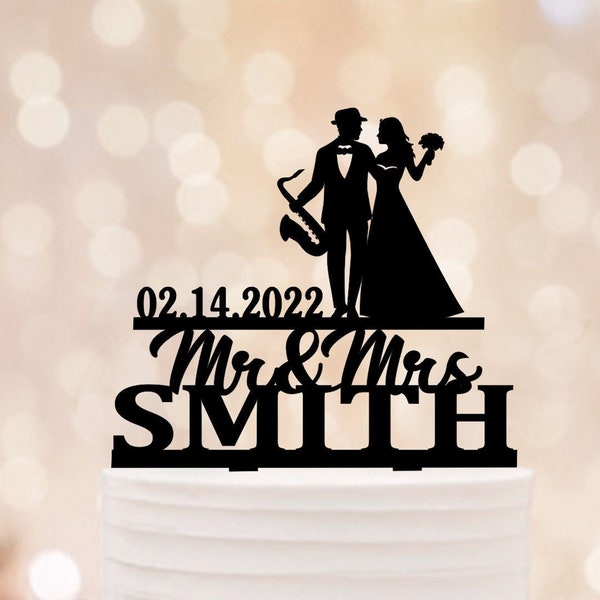 Saxophon Mr and Mrs Wedding Cake Topper, unique personalized wedding cake topper, Love Music Saxophone Bride Groom Musician Cake