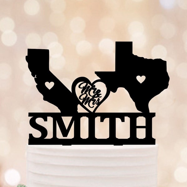 USA States Cake Topper, Any State Wedding Topper, USA Cake Topper, states theme cake topper, Mr and Mrs Wedding Cake Topper With Heart