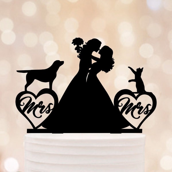 Lesbian Cake Topper with cat and dog, Wedding cake topper For lesbians, Two Brides Cake Topper Cat And Dog Wedding, Mrs and Mrs cake topper