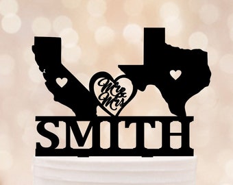 USA States Cake Topper, Any State Wedding Topper, USA Cake Topper, states theme cake topper, Mr and Mrs Wedding Cake Topper With Heart