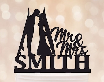 Surfing Mr And Mrs Wedding Cake Topper, personalized surfers couple wedding cake topper, Couple With Surfboards Topper, surf  beach topper