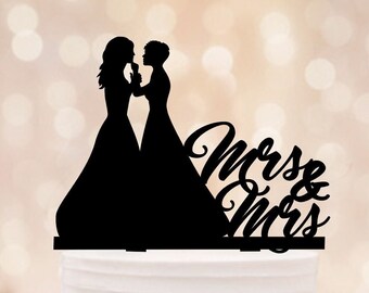 Adorno personalizado para pastel de boda lésbico con dos novias, decoraciones acrílicas para pastel de boda queer del Mes del Orgullo.