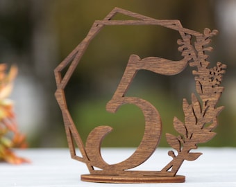 Rustic Wedding Wood Table Numbers, Wooden Hexagon Table Number Sign with Leaf's