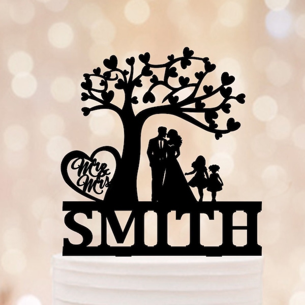 Personalized Tree Cake Topper With Kids, Family topper with tree, Custom pair topper for wedding, Rustic Family Tree Topper, Pair and kids
