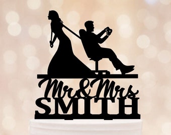 Gamer wedding cake topper,Video game wedding topper,Gaming themed wedding cake topper,Bride Dragging Groom Cake Topper,Custom Cake Topper