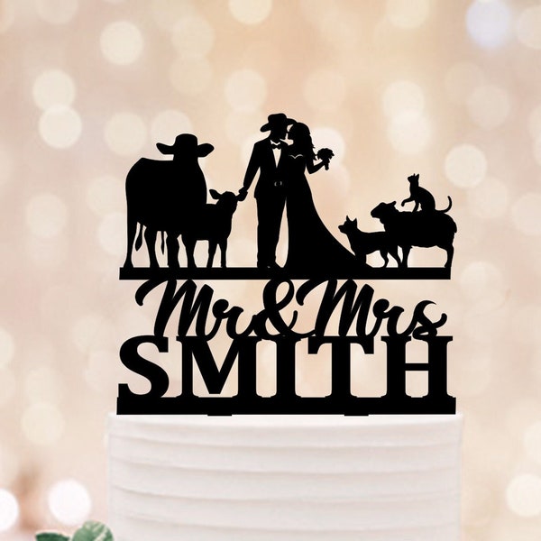 Ranch Wedding Cake Topper, Cow Farmer Cake Topper, Country wedding cake toppers, Farm Topper With Dog Cat Cow Sheep, Texas Cowboy Topper