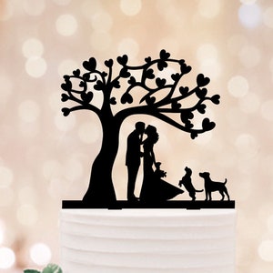 Tree Wedding Pair Topper With Dogs, Custom silhouette cake topper, Dogs cake topper with tree, Pair and 2 dogs topper,Love tree cake topper
