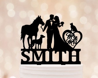 Horse Wedding Cake Topper, Farmers Bride and Groom cake toppers, Topper With Cat Dog and Horse, cowgirl cowboy country topper for wedding