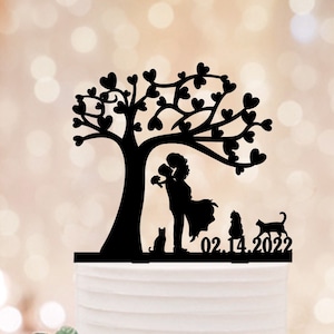 Wedding cake topper with cats, Topper for wedding with 3 cats, Cake topper with tree and date, Silhouette Acrylic Topper With Date, Rustic