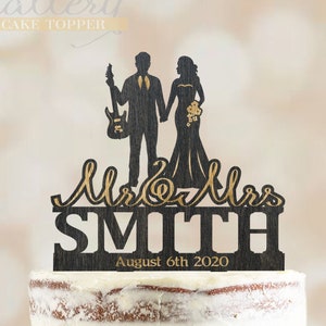 Guitar Wedding Cake Topper with engraving, Musician Wedding Cake Toppers, Guitar player, Rockstar Cake Topper, Bride and Groom Rock n Roll