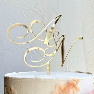 Mirror Gold Initials Wedding Cake Topper, Personalized Letter Cake Topper, Boho Wedding Cake Toppers, Cake Charm, Anniversary, Engagement