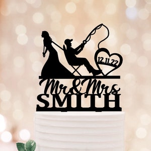 Fishing Cake Topper, Fisherman wedding cake toppers, Hooked For Life Funny Cake Topper, With Date In Heart Topper, Funny topper For Wedding