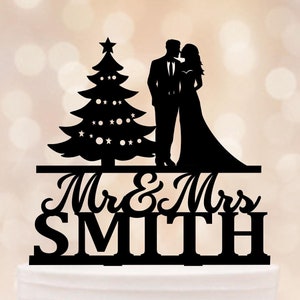 Décoration de gâteau de mariage de Noël, mariage d&#39;hiver, jeunes mariés avec arbre de Noël, décoration de gâteau d&#39;hiver, silhouette de couple et d&#39;arbre de Noël