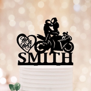 Motorcycle Sportbike Mr and Mrs Wedding Cake Topper, personalized sport bike cake topper, Unique Wedding Cake Topper, couple with motorcycle