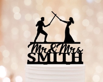 Space Inspired Bride And Groom Wedding Cake Topper, Lightsaber Cake Topper, Mr Mrs Sword Fighting Wedding Cake Topper, Fencing Topper Themed